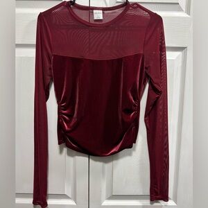 Wild Fable Deep Red Velvet See Through Mesh Long Sleeve Top